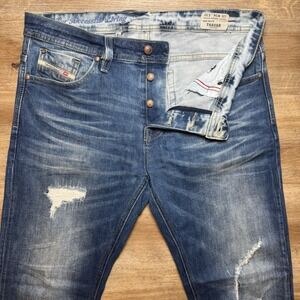 Diesel Jeans Men 34x32 Blue Thavar Slim Skinny Distressed Acid Wash Italy 0837E